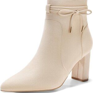 Women's Pointed Toe Ankle Boots with Chunky Heel in Beige, Size 6